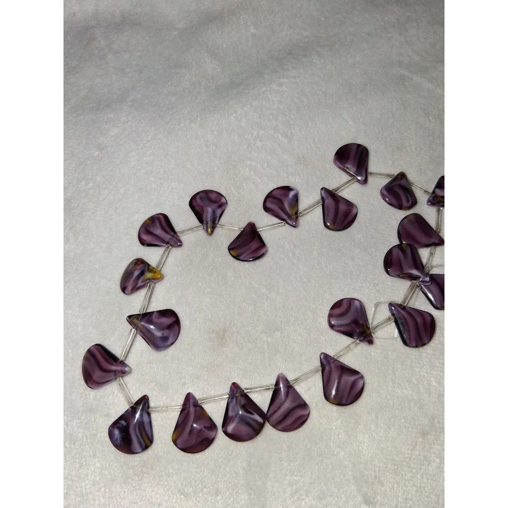 Purple Swirled Art Glass Petal Beads Strand Plum Lavender 0.8 oz Jewelry Making